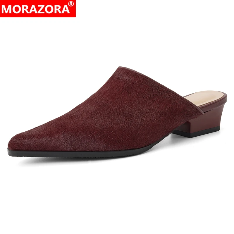

MORAZORA Size 34-43 Fashion New Horsehair Leather Women Mules Mid Heels Slippers Female Pointed Toe Summer Party Dress Shoes