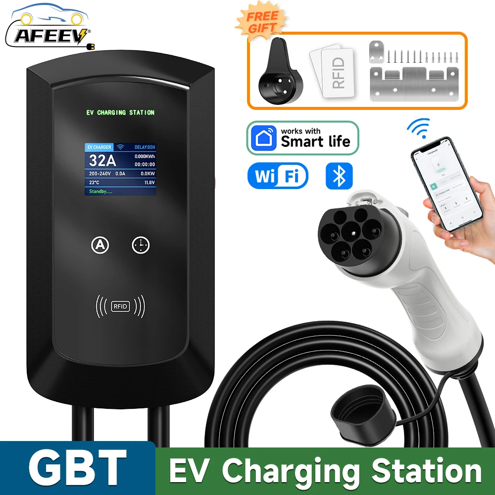 AFEEV 22KW 32A 3Phase EV Charging Station GBT 20234 Electric Car Charger 7.6/11KW EVSE Wallbox WiFi Bluetooth APP Remote Control