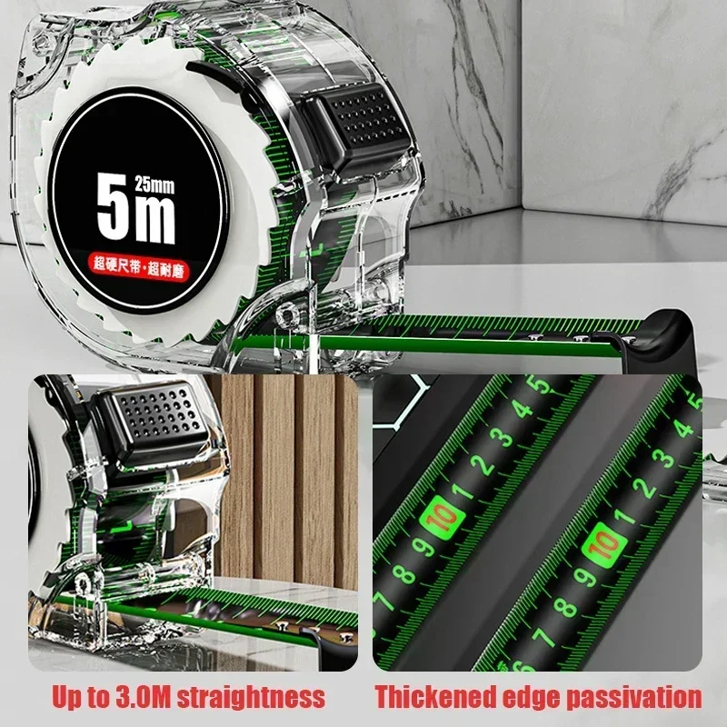 10M Black Fluorescent Tape Measure High Precision Steel Metric Tape Retractable Ruler Wear-resistant and Drop-proof Tape Measure