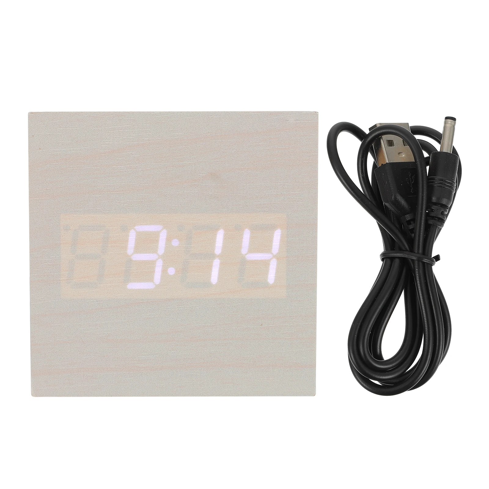

1pc Wooden Alarm Clock Digital Small Mini Pvc Veneer Multi Functional Square Clock Dual Display USB Glowing Bedroom