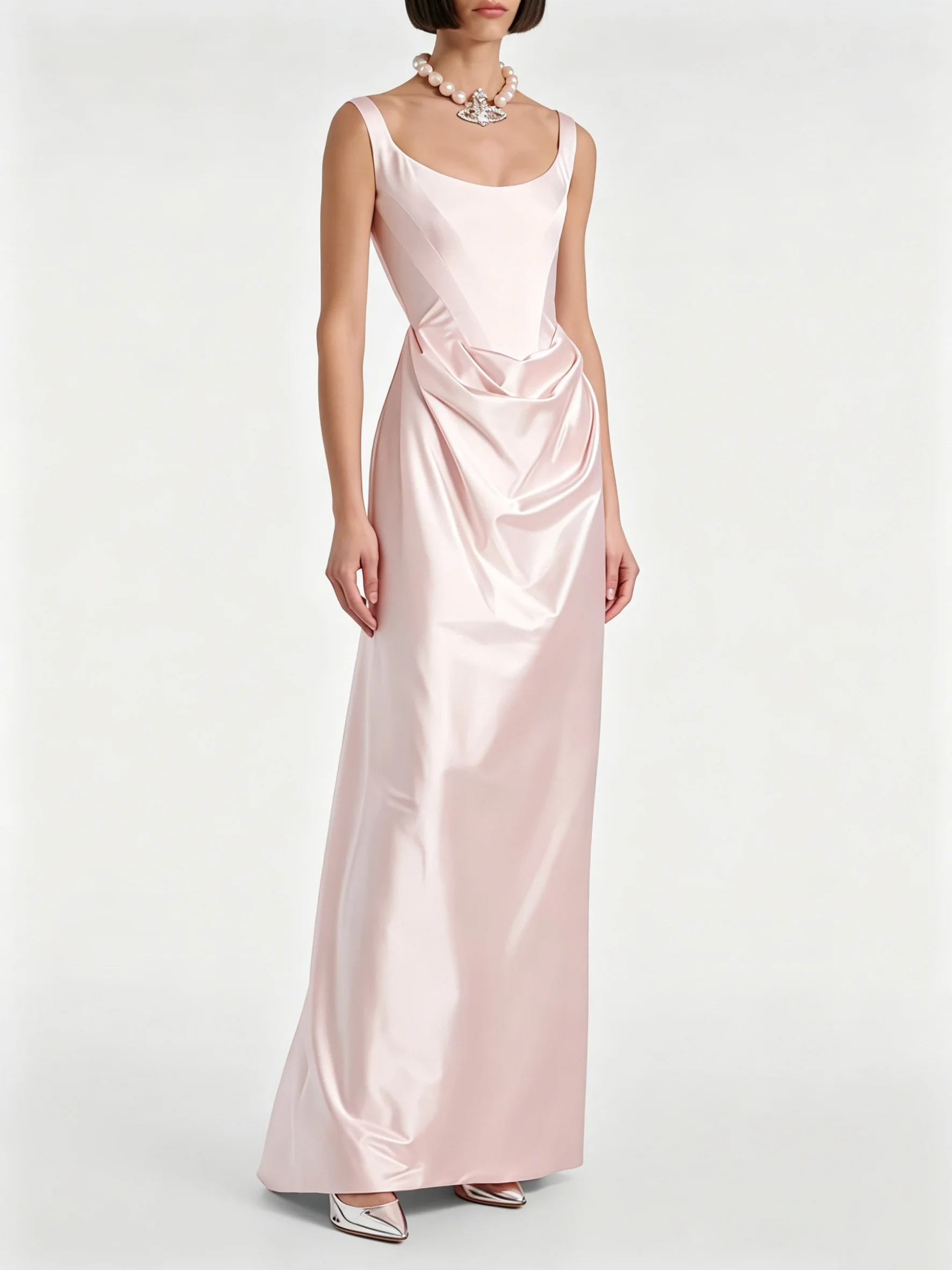 

Elegant Pink Satin Sling Trailing Dress Square Neck Off-shoulder Waist Cinching Slim Back zipper Lady Evening Prom Party Gowns