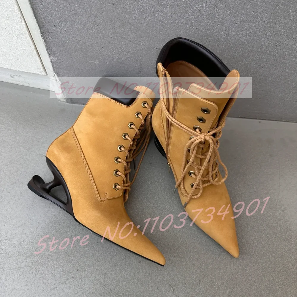 

Yellow Retro Wedges Ankle Boots Women Fashion Lace-Up Pointed Toe Fretwork Heels Boots Ladies Modern-Chic Footwear