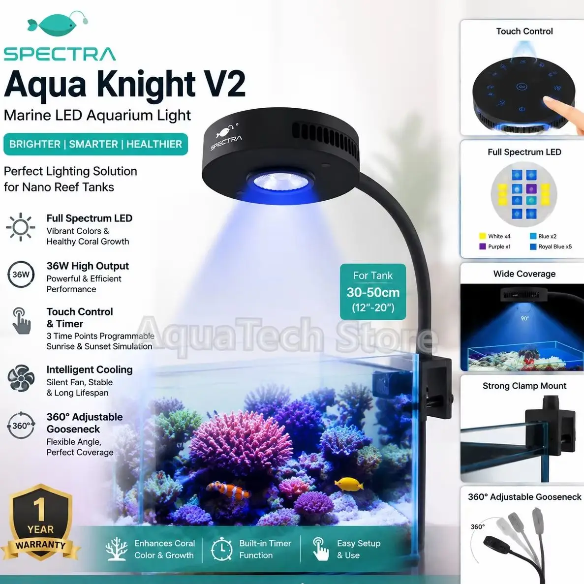 spectra-aqua-knight-v2-controle-tactile-36w-spectre-complet-minuterie-integree-recif-de-corail-marin-aquarium-d'eau-salee-lumiere-led
