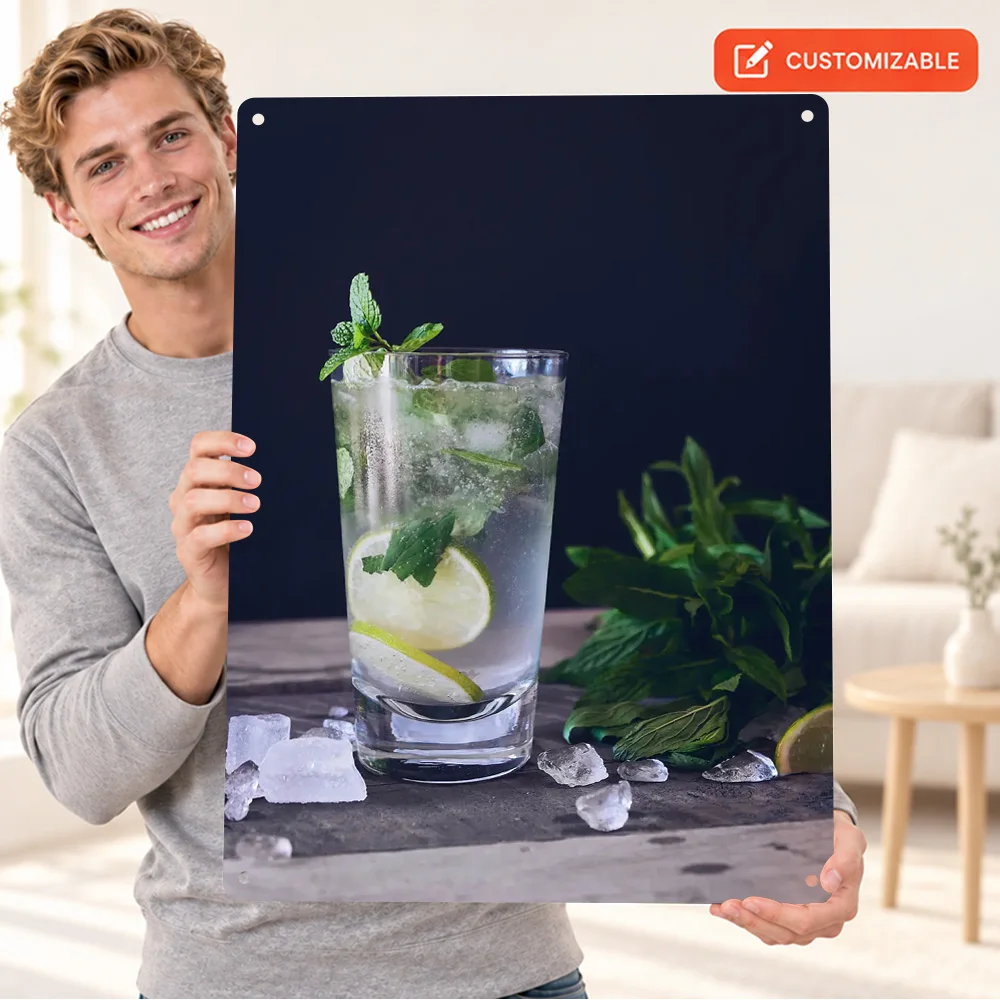 Mint Mojito Cocktail Aluminum Poster Detailed Bold Beverage Illustration Wall Art For Pub Customized Metal Sign Bartender Gift