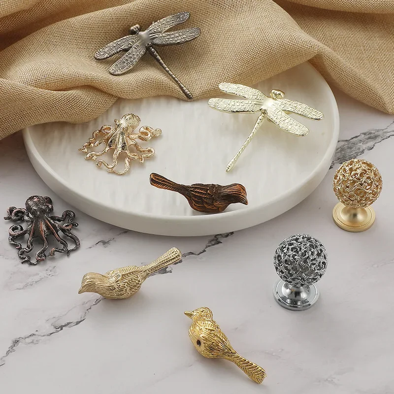 Light Luxury Cabinet Door Handles Nordic Wardrobe Drawer Dragonfly Knobs and Birds Octopus Zinc Alloy Handles for Furniture