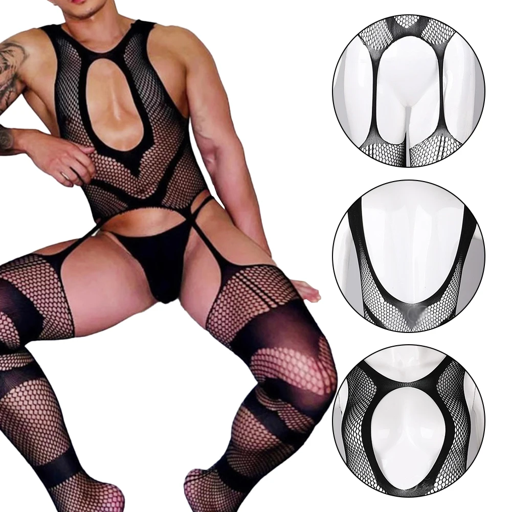 

Mens Sissy Fishnet Jumpsuit Body Stockings Lingerie See Through Mesh Net Bodysuit Full Body Underwear Hollow Erotic Sleepwear