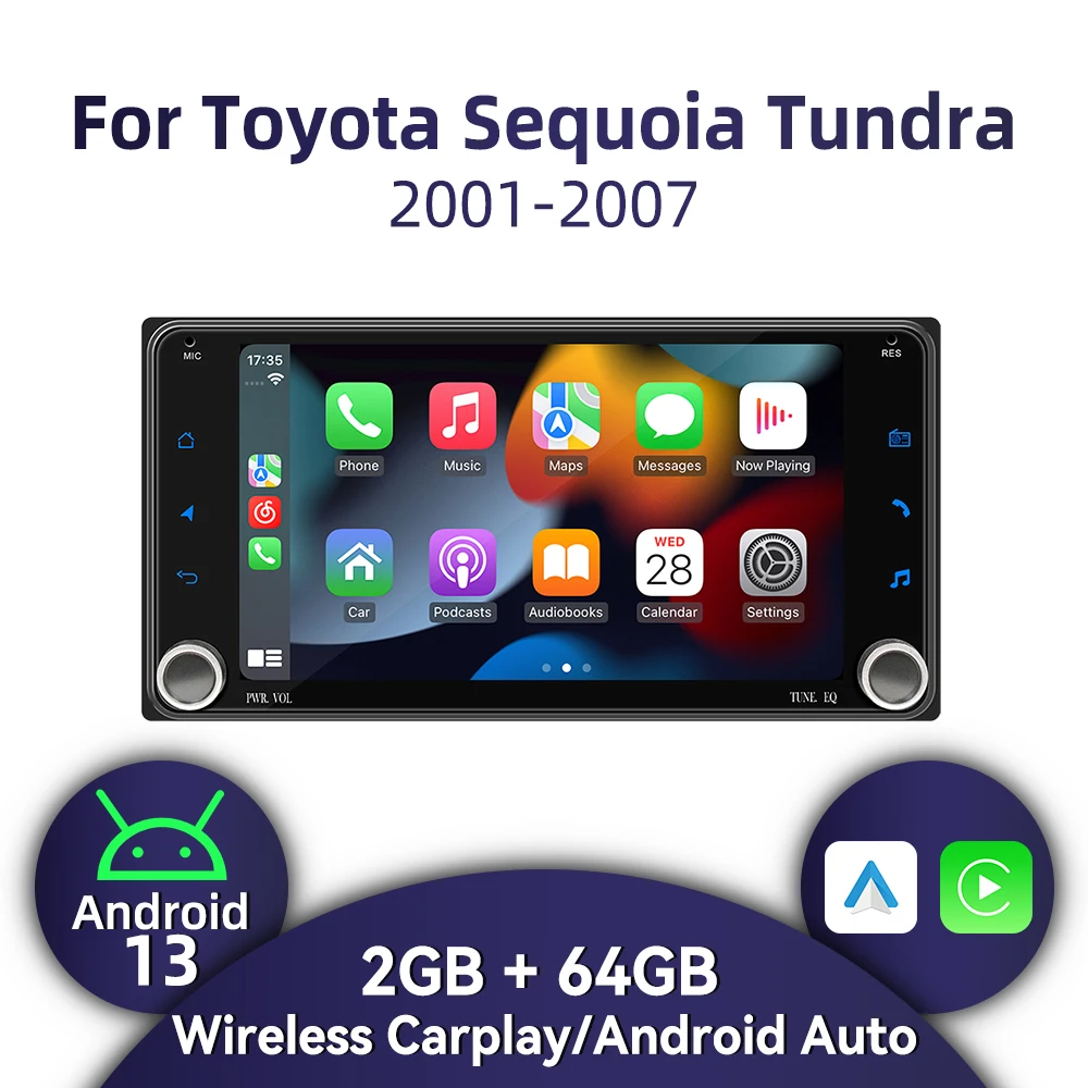 2 Din راديو أندرويد لتويوتا سيكويا تندرا 2001-2007 7 "شاشة لاسلكية Carplay سيارة الوسائط المتعددة نظام تحديد المواقع رئيس وحدة ستيريو Autoradio