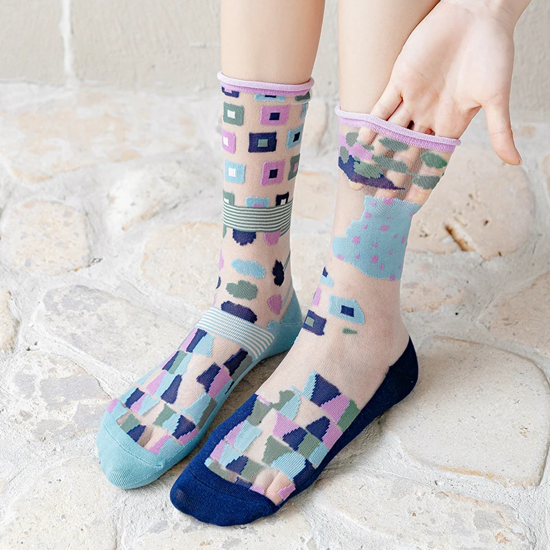 Asymmetric Summer Silk Socks Women Thin Mid-length Harajuku Accessories Kawaii Socks