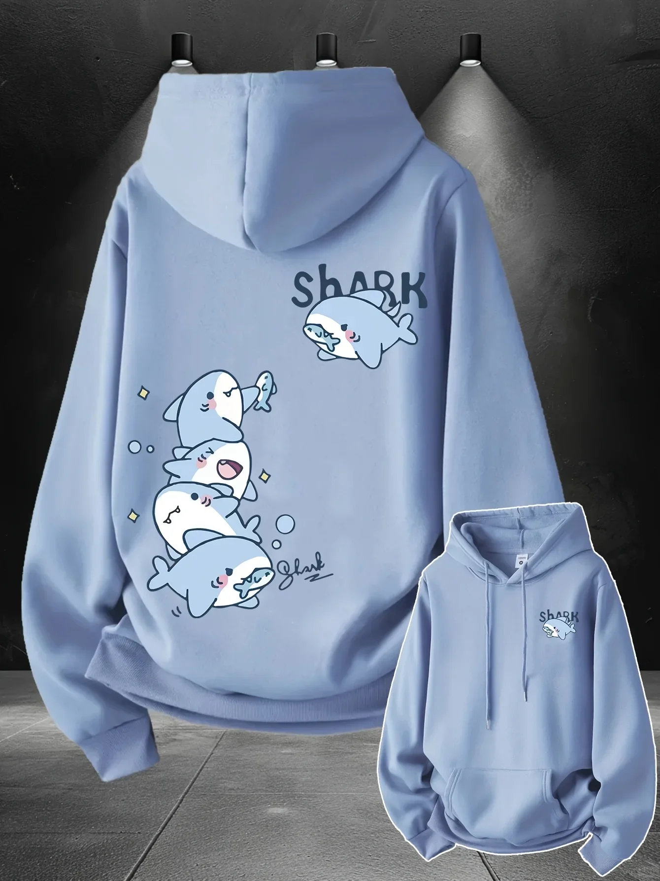 Unisex Hai-Hoodie mit niedlichem Cartoon-Hai-Druck auf der Rückseite, Oversized Pullover Sweatshirt, koreanische Y2K Streetwear – Detail 3