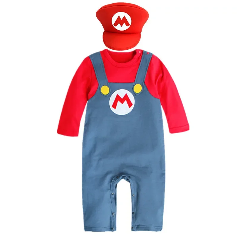 Children's Super Mario cosplay pure cotton clothing, children's Mario Brothers long sleeved hoodie, baby cosplay crawling suit