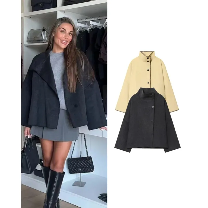 

NERHEFZ Women Wool Jacket with Wide Shoulder Autumn Vintage High Neck Long Sleeve Button Lady Coats Causal Female Chic Tops