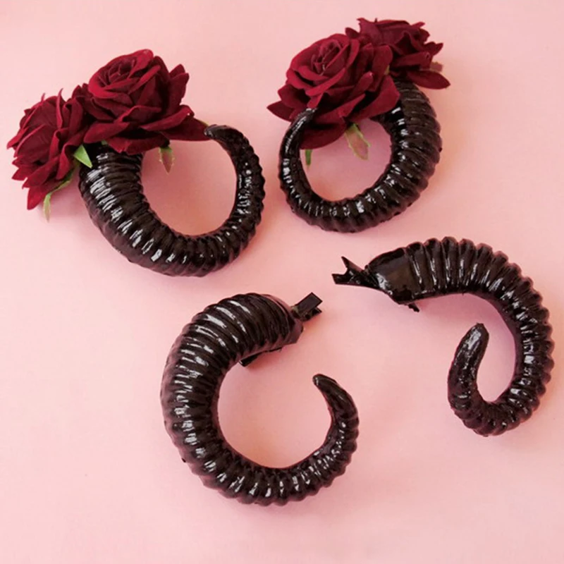 Halloween Cosplay Sheep Horns Hairpin Gothic Rose Flower Devil Horn Hair Clip Party Jewelry Costumes Prop Hair Accessories