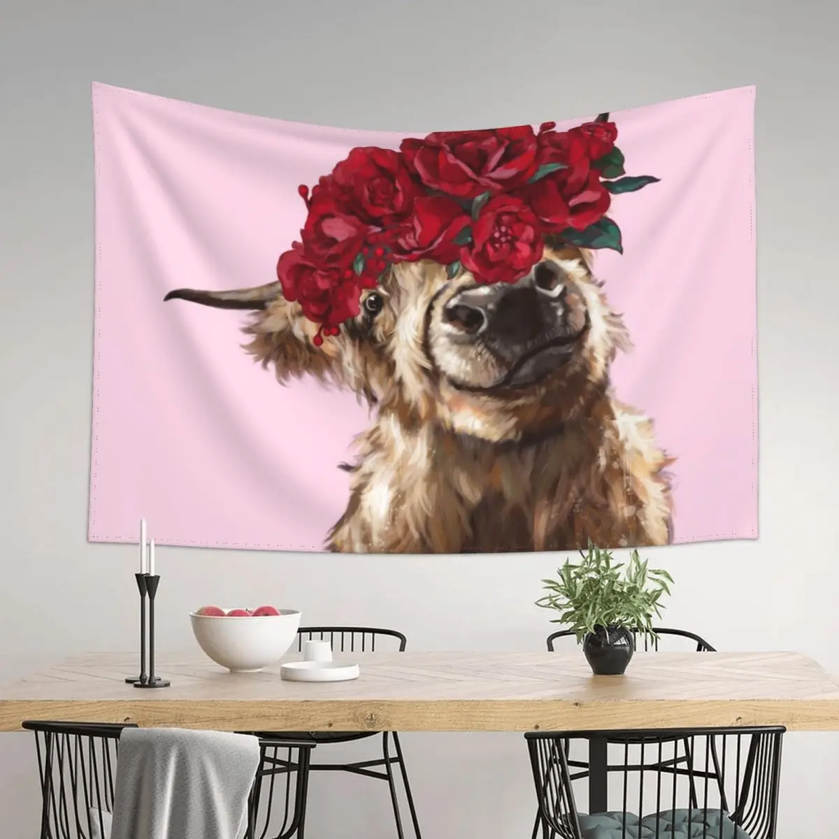 

Highland Cown with Rose Crown in Pink Tapestry Bed Room Decoration Wall Coverings Room Decorations Tapestry