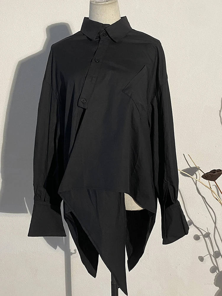 [EAM] blusa negra Irregular de talla grande para mujer, camisa holgada de manga larga con solapa nueva, moda Primavera Verano 2024 1DE0299