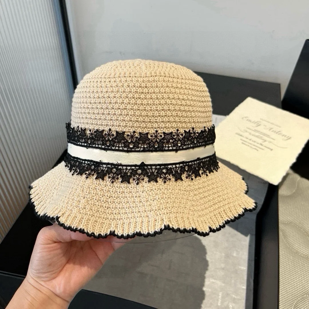 

Chic Women Crochet Bucket Hat Lightweight Knit Design Lace Trim Ribbon Accent Daily Casual Sun Hat Matching Straw Headcover