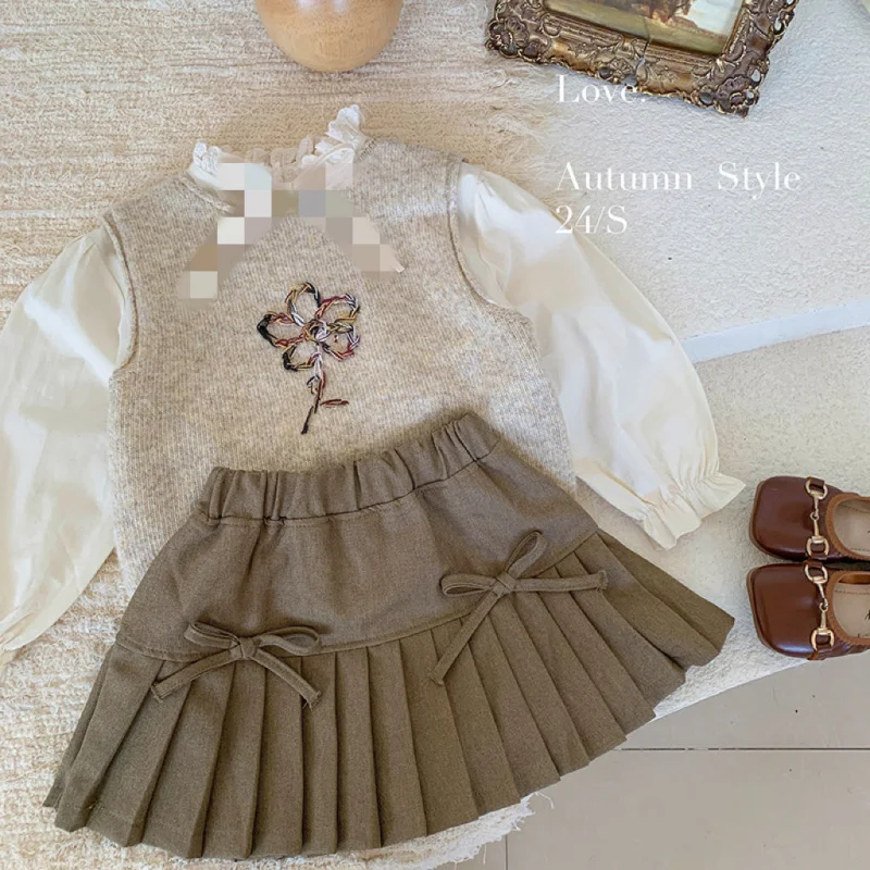 Korean Style Girls' Wooden Ear Doll Shirt2024Autumn New Embroidered Vest Skirt