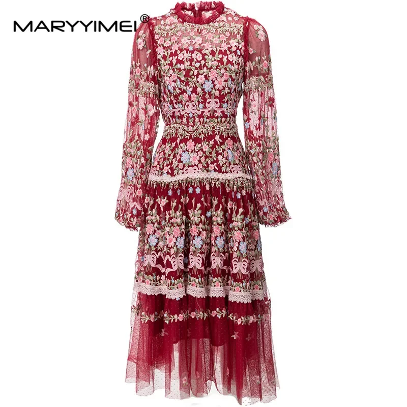 

MARYYIMEI Vintage Fashion Designer Dress Women's Mesh Embroidered Translucent Lantern Sleeve Slim Red Midi Dresses 2023 Newest