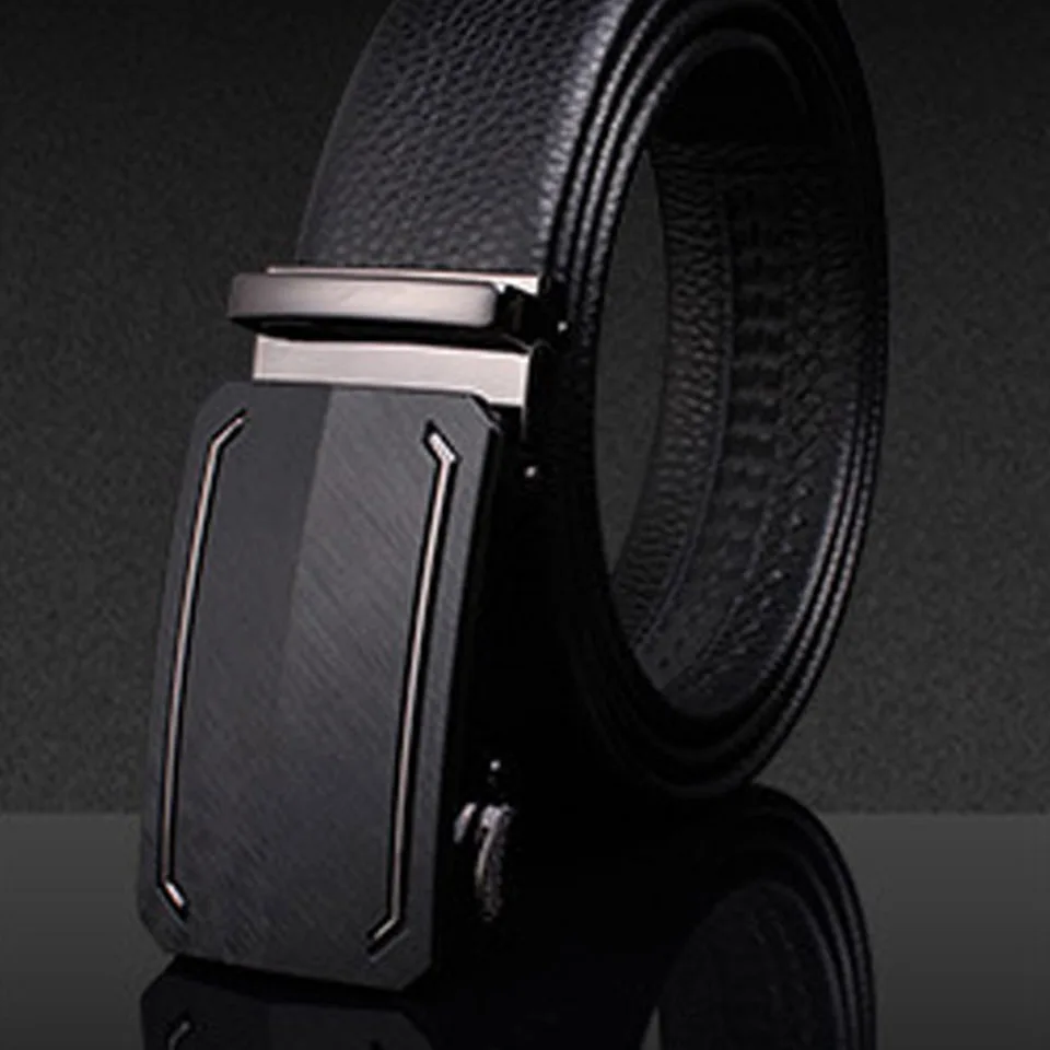 2023 New Automatic Belt Buckling Genuine Leather Men Business Travel Waist Cover Black Litchi Pattern Luxury Designer Pants Belt