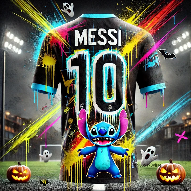 Halloween Nouveau Graffiti Stitch & Messi # 10 impression Ai Design maillot de Football enfants t-shirt sport d'été t-shirt décontracté enfant/adulte haut