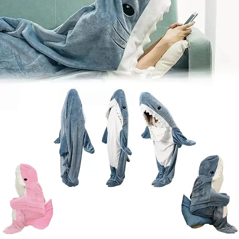 Cartoon Sleeping Bag for Children and Adults Shark Blanket Soft Cozy Fabric Mermaid Shawl Wearable Tiburon Pajamas Gift