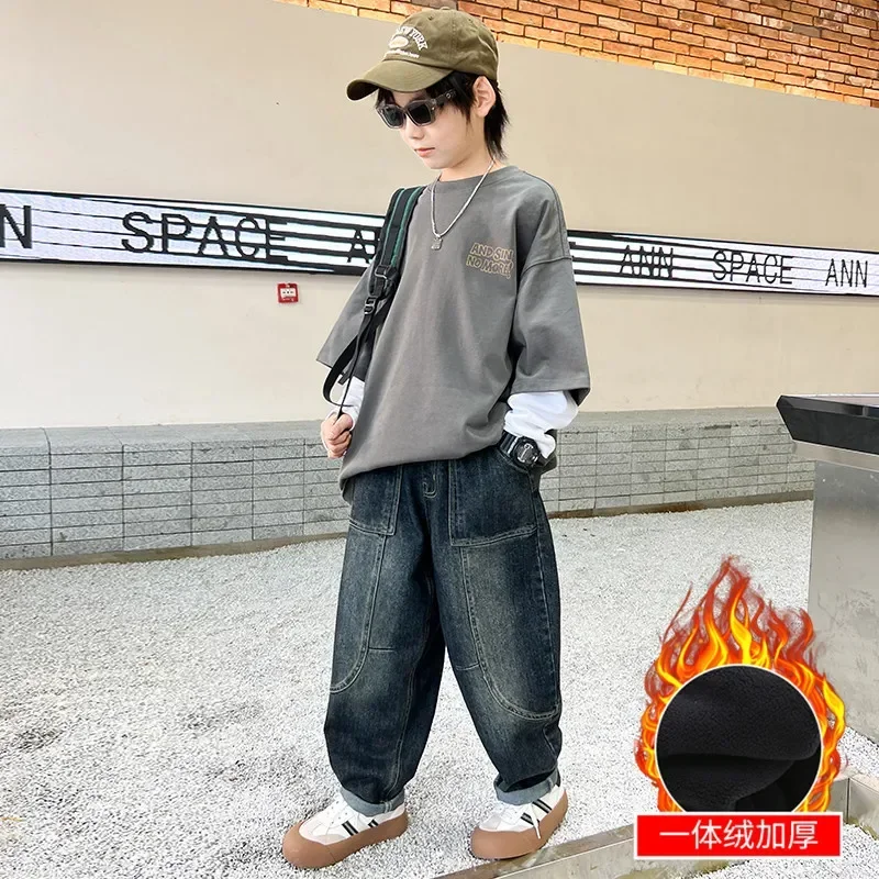 

Джинсы для мальчиков, детские брюки, детские джинсы, зимняя мода 2025 года, бархатные и утолщенные джинсы для мальчиков, широкие брюки