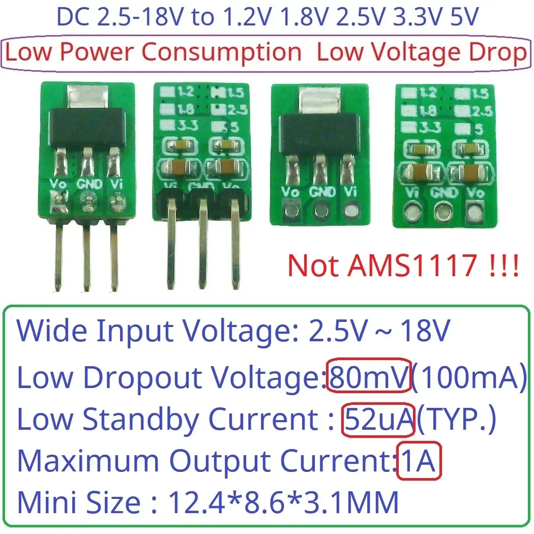 Tiny Out 1A 1.2V 1.8V 2.5V 3.3V 5V 80MV Drop Voltage 60uA Standby Step-Down Buck LDO Module rep AMS1117 7805 for Arduino ESP32