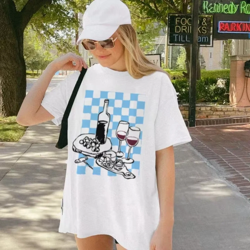 

Wine Cheese Italian Food T Shirt Loose Vacation Graphic Tees Retro Style Cute Aesthetic La Dolce Vita T Shirt Women Fashion Tops