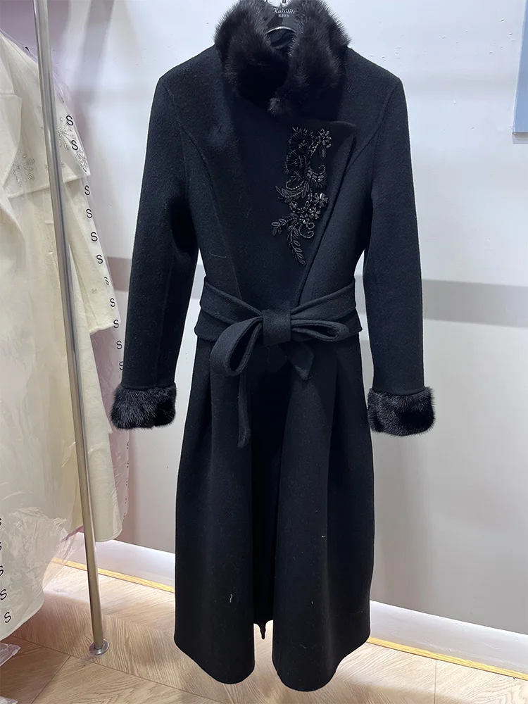 Chaqueta de invierno con puños y cuello de piel de visón Natural para mujer, abrigo de lana de Cachemira para mujer, ropa de calle con flores y perlas, abrigo de piel auténtica