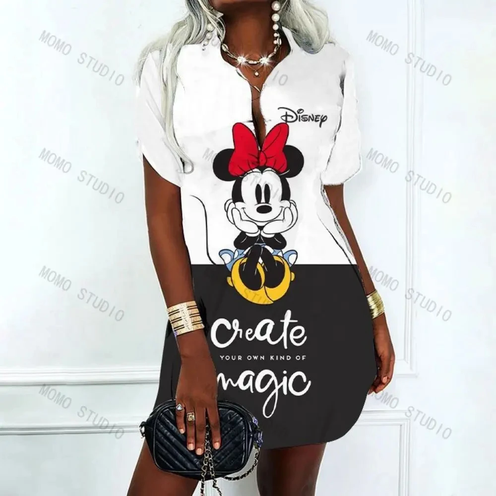 Vestido feminino Minnie Mouse V-Neck Polo Camisas, Moda Coreana, Vestidos Sexy de Verão, Mulheres Mickey, Disney, Oferta, Y2k, 2024