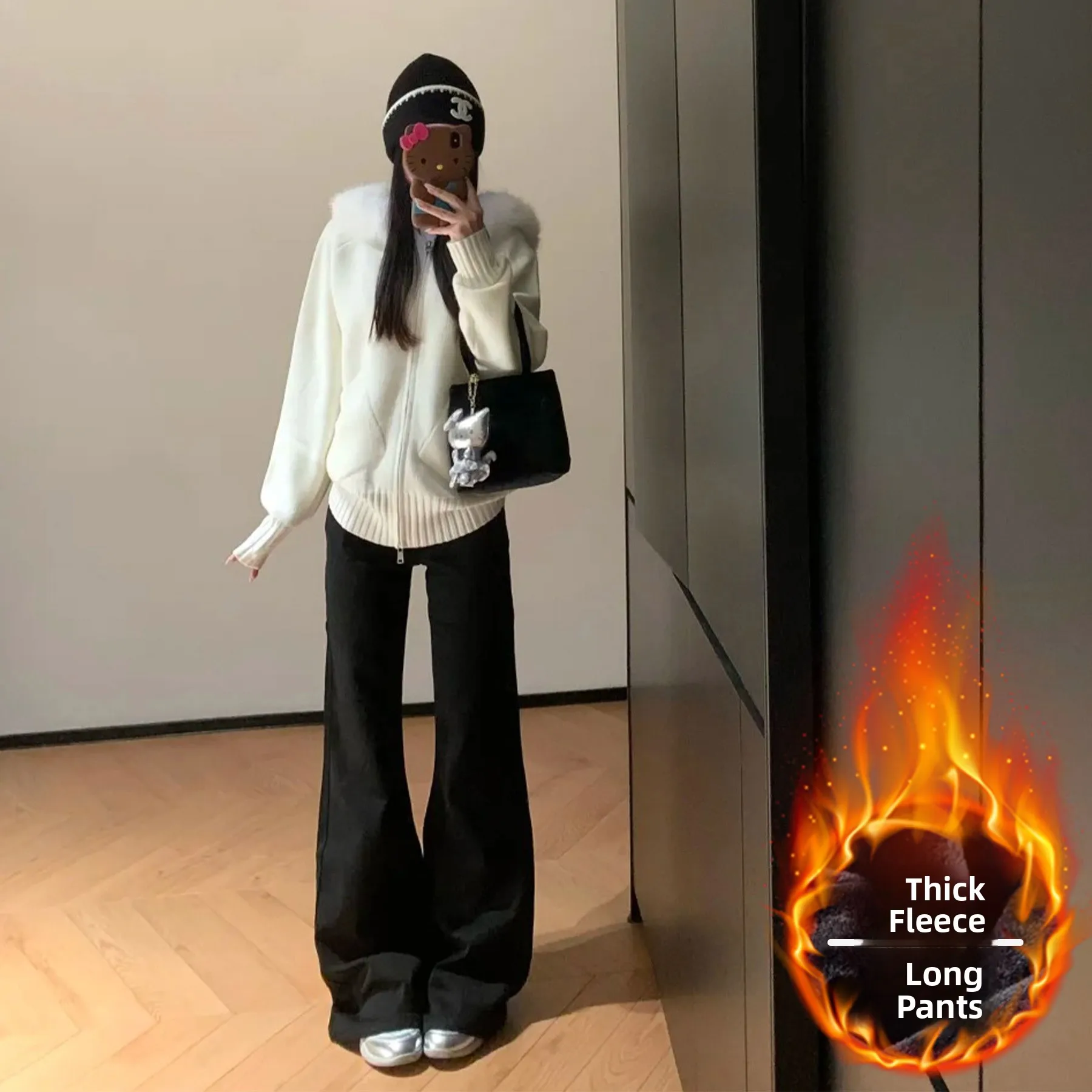 

Fleece Lined Thick Low Waist American Style Bell Bottom Jeans Women Non Fitting Slimming Warm Cotton Elastic Bell Pants
