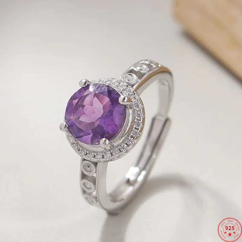 

S925 Sterling Silver Charms Rings for Women New Fashion Hollow Inlaid Square Natural Amethyst Zircon Jewelry Free Shipping