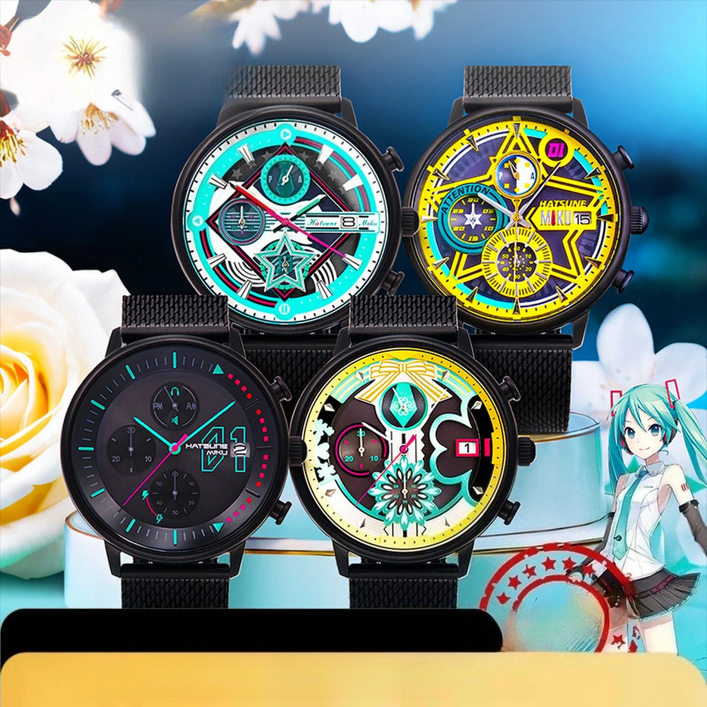 Pc Gaming Hatsune Miku - アニメフィギュア初音ミク腕時計ライトエネルギー充電合金ダイヤル防水クールクォーツ時計装飾ギフトユニセックス