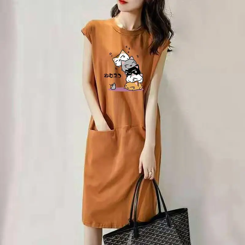 

Fashion O-Neck Pockets Printing Cartoon Sleeveless Dress Female Clothing 2024 Summer New Loose All-match Casual Dresses