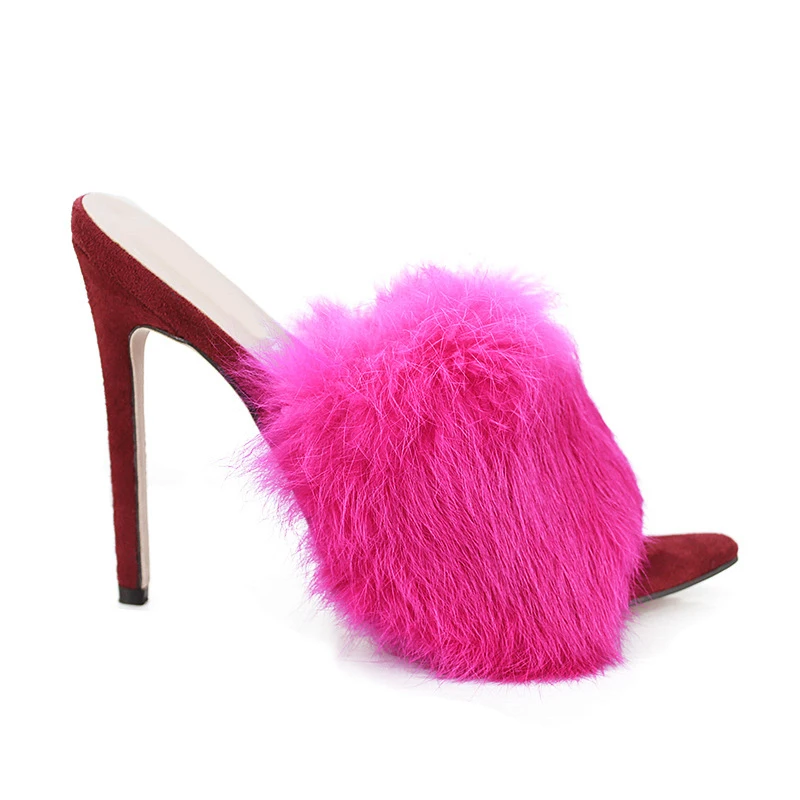 Surkova Pink Fur Sweet High Heel Slippers Women Luxury Fur Embellished Pointed Open Toe Summer Dress Shoes Stilettos Wedding