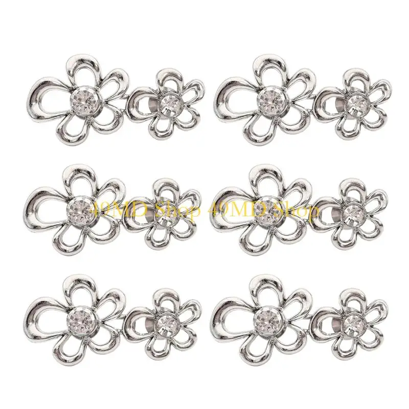 49MD 6PCS Crystal Flower Waist Tighening Buttons For Jeans Easy Use Waist Cincher Buckles Flat Back Fasteners for Loose Pants