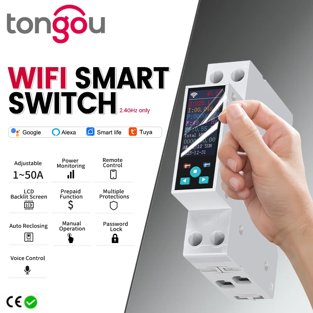 1P 50A Tuya WIFI Smart Switch Circuit Breaker LED Energy Meter KWh Power Metering Timer Relay Remote Control Smart Life APP