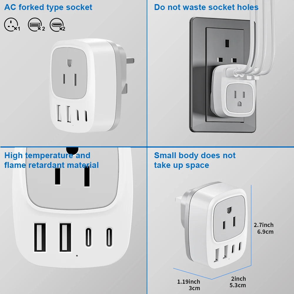 KOSHARE US to UK Travel Adapter Plug Outlet Expander Wall USB Charger with 1 AC Outlet 2 USB Whit 2 Type-C Ports Travel Adapter