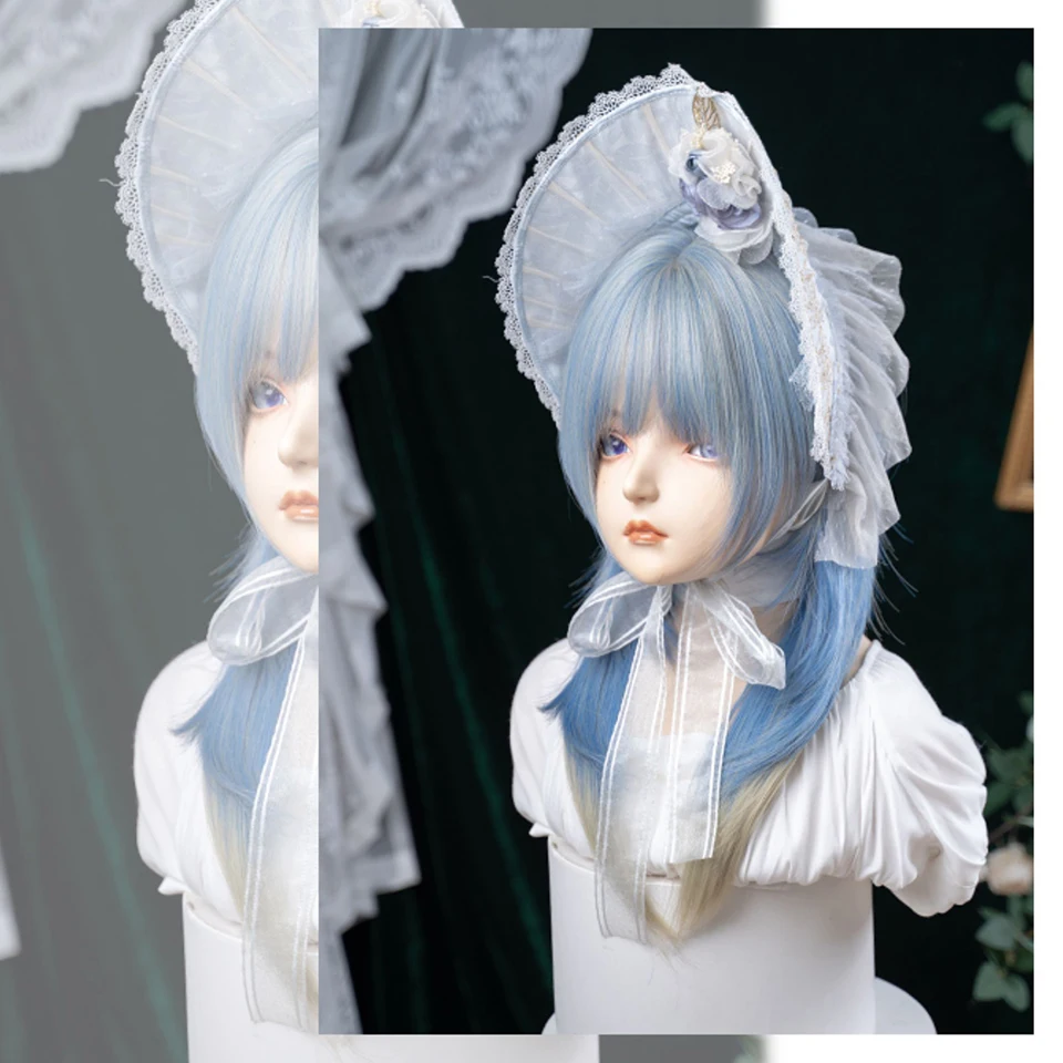 合成ミディアムレングスストレートハイレイヤードウィッグ、前髪付きブルーハイライトブロンドヘアウィッグ、女性用デイリーコスプレウィッグ