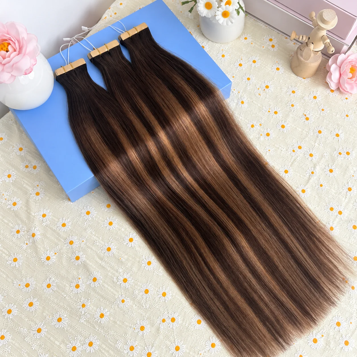 Tape in Hair Extensions Human Hair T26P2# Dark Brown To Chestnut Brown Highlight Ombre Seamless Invisible Straight Hair Natural Brazilian 63Pcs/3Pack Skin Weft Tape PU Pure Hair 18-26 Inch 100% Human Hair For Women Everyday Wear