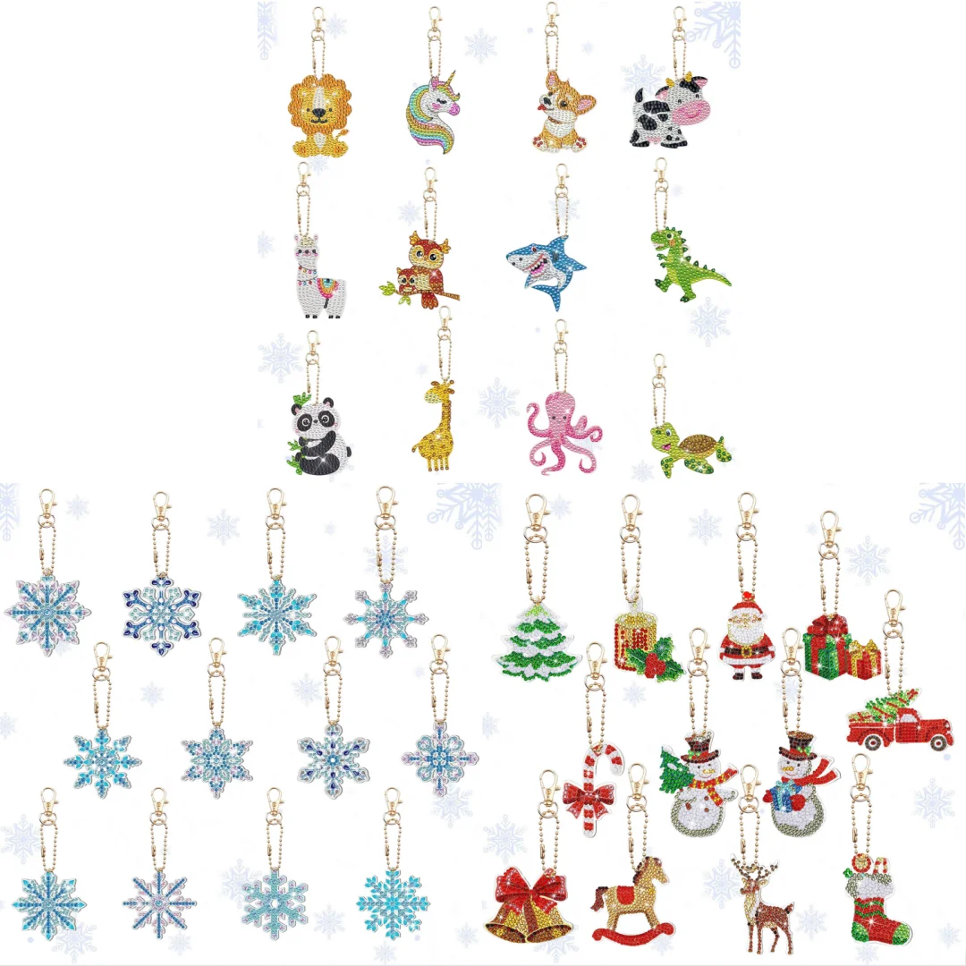 12 DIY-Sets für Diamantkunstmalerei mit Weihnachts-/Schneeflocken-/Tiermotiven, Acryl-Schlüsselanhänger-Diamanttaschen als Geburtstagsgeschenk-Dekorationen