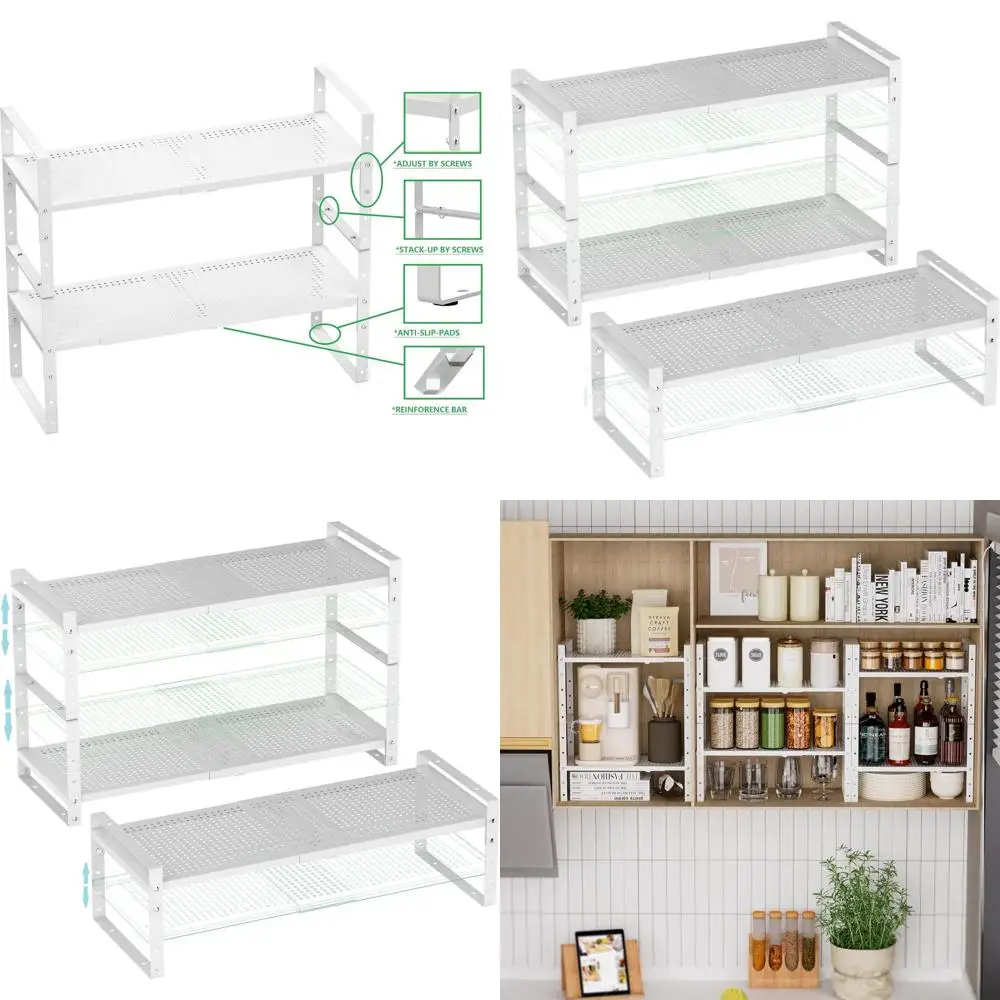 

Stackable Adjustable Metal Shoe Rack with 3 Large White Shelves for Pantry and Spice Storage