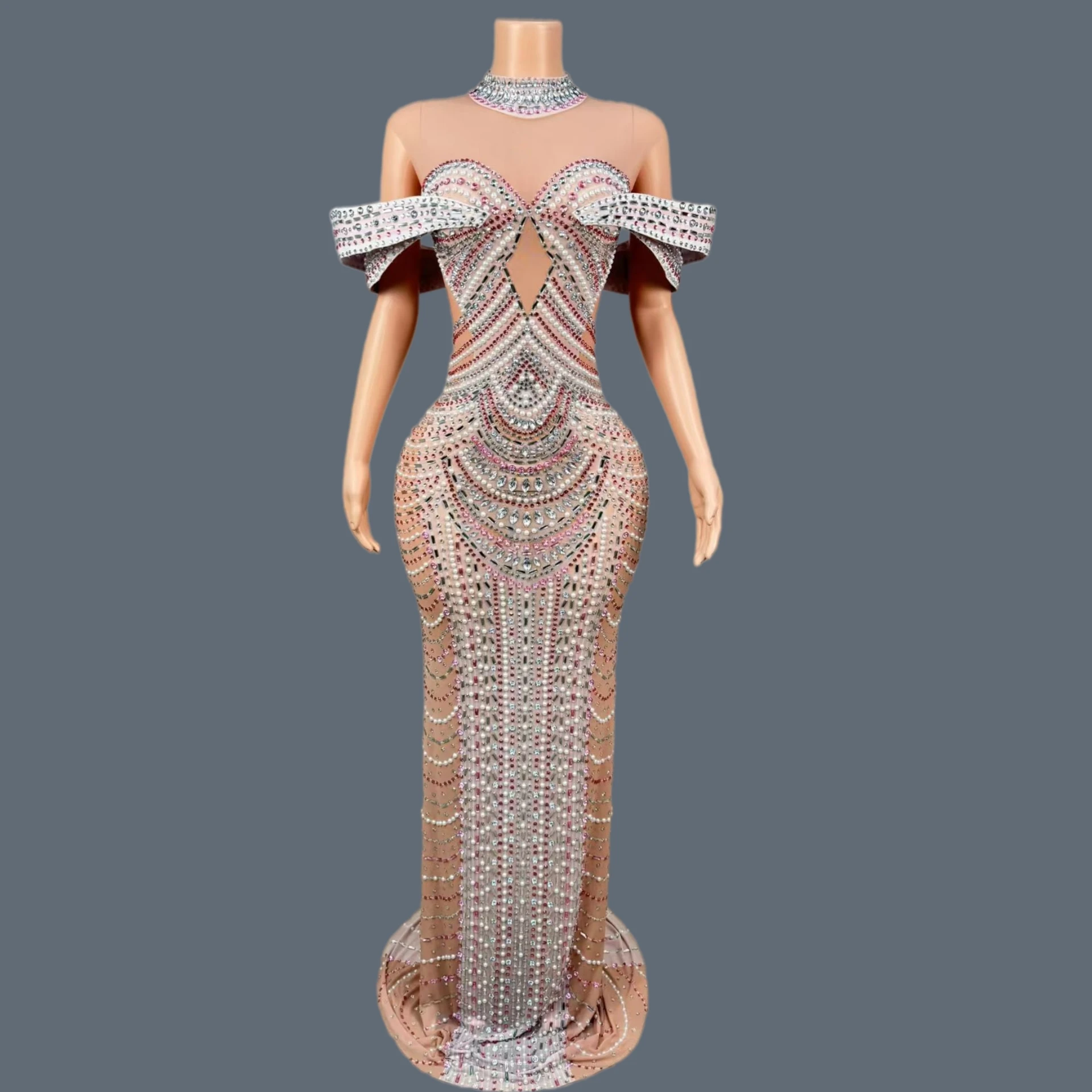 

Sparkly Rhinestone Sleeveless Long Dress Sexy Luxury Birthday Mesh See Through Dress Event Party Gown Stage Outfit Tiantianquan