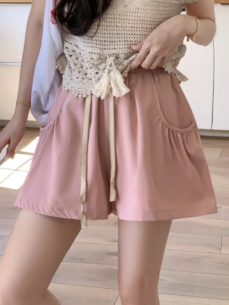 2025 Women's Loose Casual Sports Shorts High Waist Elastic Waist Wide Leg Shorts Tie-Up Flower Bud Shorts Five Quarter Pants