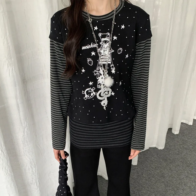 Y Demo Y2K Subculture Cartoon Girl Printing Two-Piece Striped Long Sleeve T-Shirt Women Cute Slim Tee