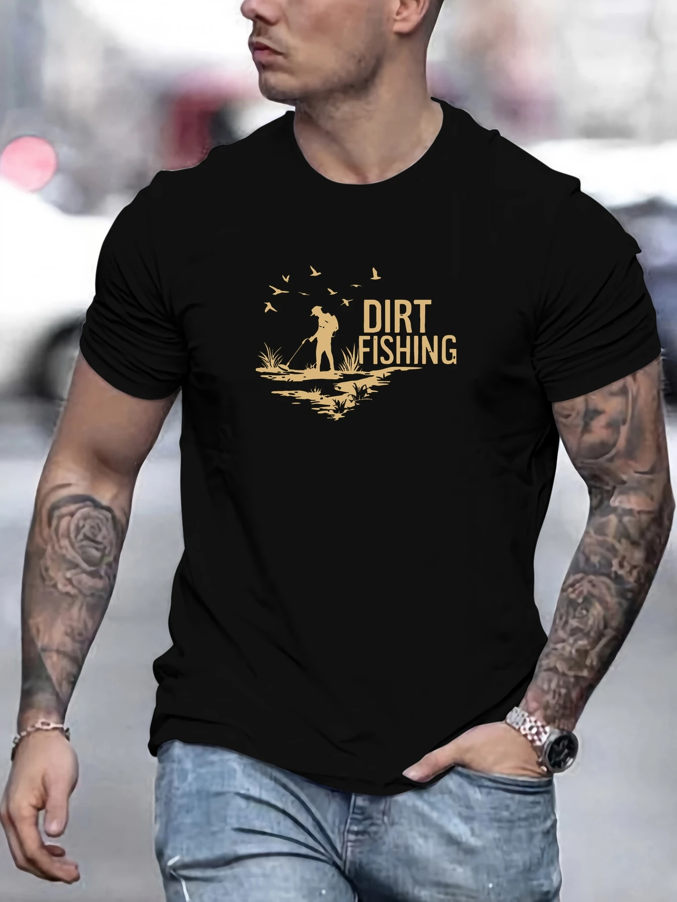 

Men's fishing pattern summer casual crew neck short T-shirt