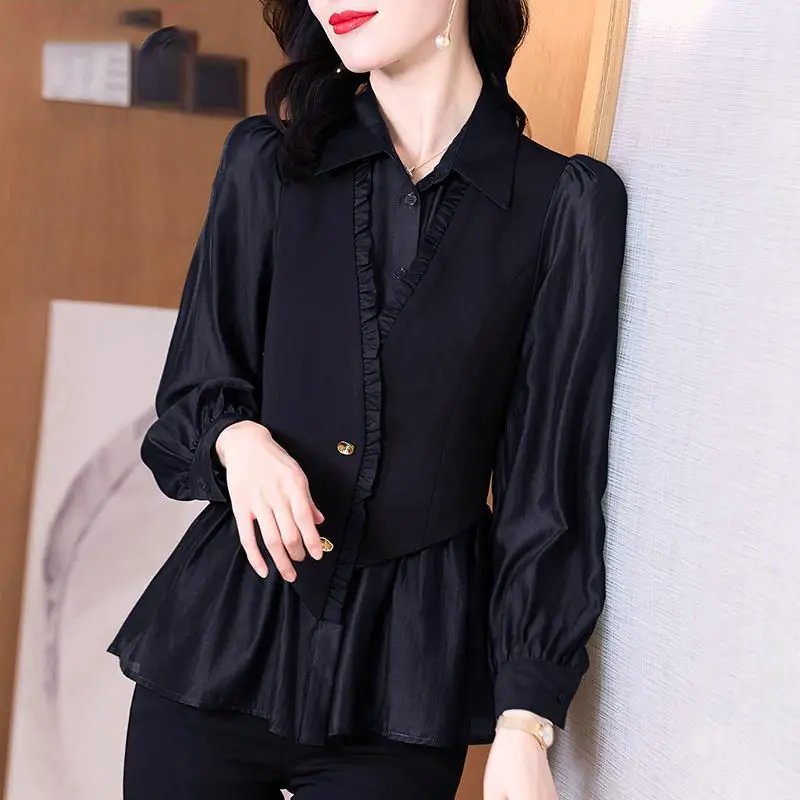 Elegant Fashion Ruffles Lantern Sleeve Fake Two Pieces Blouse 2022 Spring Autumn Korean Office Lady Turn-down Collar Slim Shirt