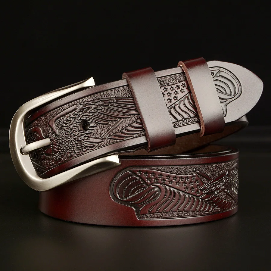 New Luxury Designer Genuine Leather Men\'s Belt Alloy Buckle Eagle Carved Belts Men\'s Personalized Casual Pin Buckle Jeans Belts