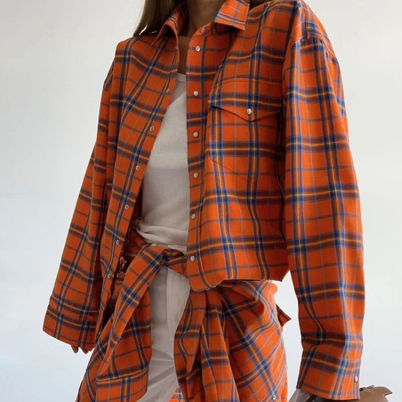 Women\'s Loose Plaid Single-Breasted Shirt 2023 Autumn Winter Shirt Top Women Long Sleeve Turn-down Collar Length Irregular Shirt