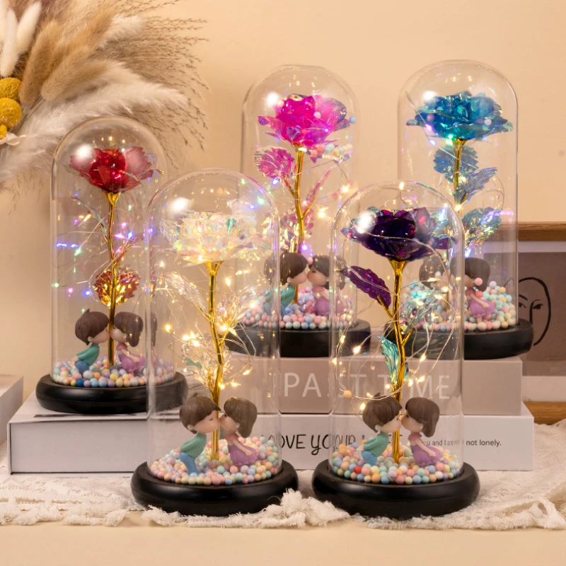 

Mother's Day Gift Artificial Eternal Flower Glass Cover Plastic Laser Colored Roses Wedding Anniversary Birthday Gift for Mother