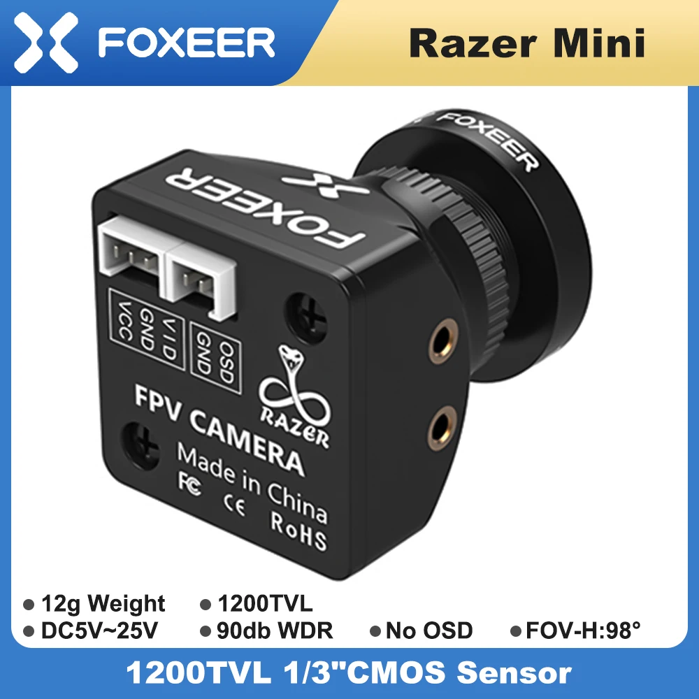FOXEER Razer Mini Cámara FPV 1/3 CMOS HD 5V~25V 90dB 1200TVL FOV-H:98 °   Baja latencia para RC FPV Racing Drone RC Cámara V3 Actualización